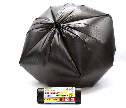 Мешки для мусора 60 литров, 7 мкм, 30 шт, ПНД, 60х70 см, черные, GreenClean - Вид 2
