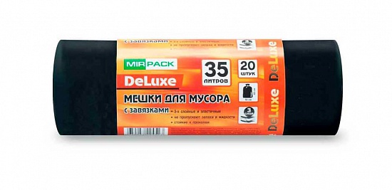 Мешки для мусора 35 л с завязками, 30 мкм, 20 шт. ПСД, 3 слоя, особопрочные, черные - Вид 1